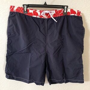 Land’ End Navy Swim Trunk Red Hawaiian Floral Swimsuit XL